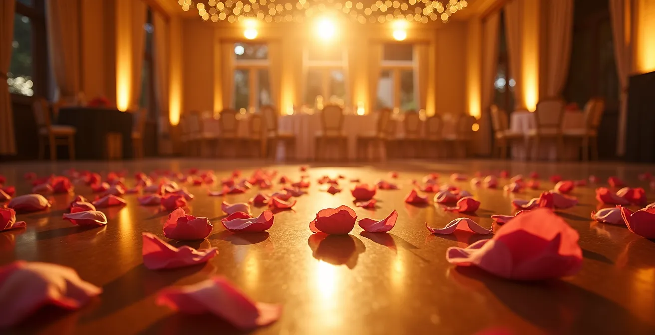 Vue large d'une salle de réception avec jeu de lumières dorées créant une atmosphère chaleureuse