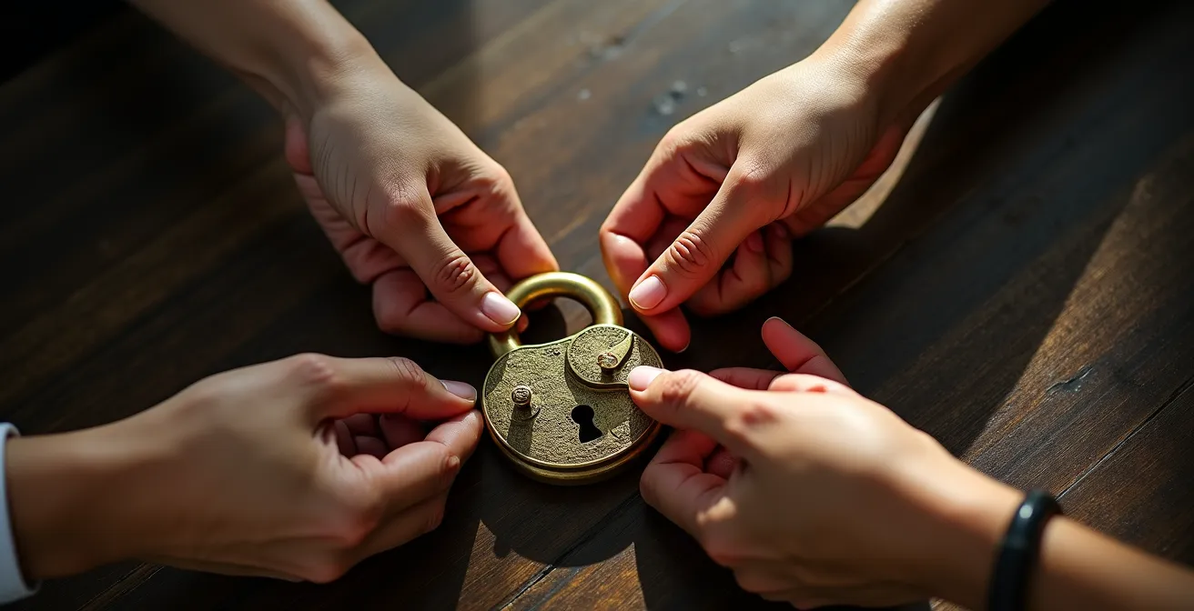 Mains entrelacées autour d'un mécanisme d'escape game