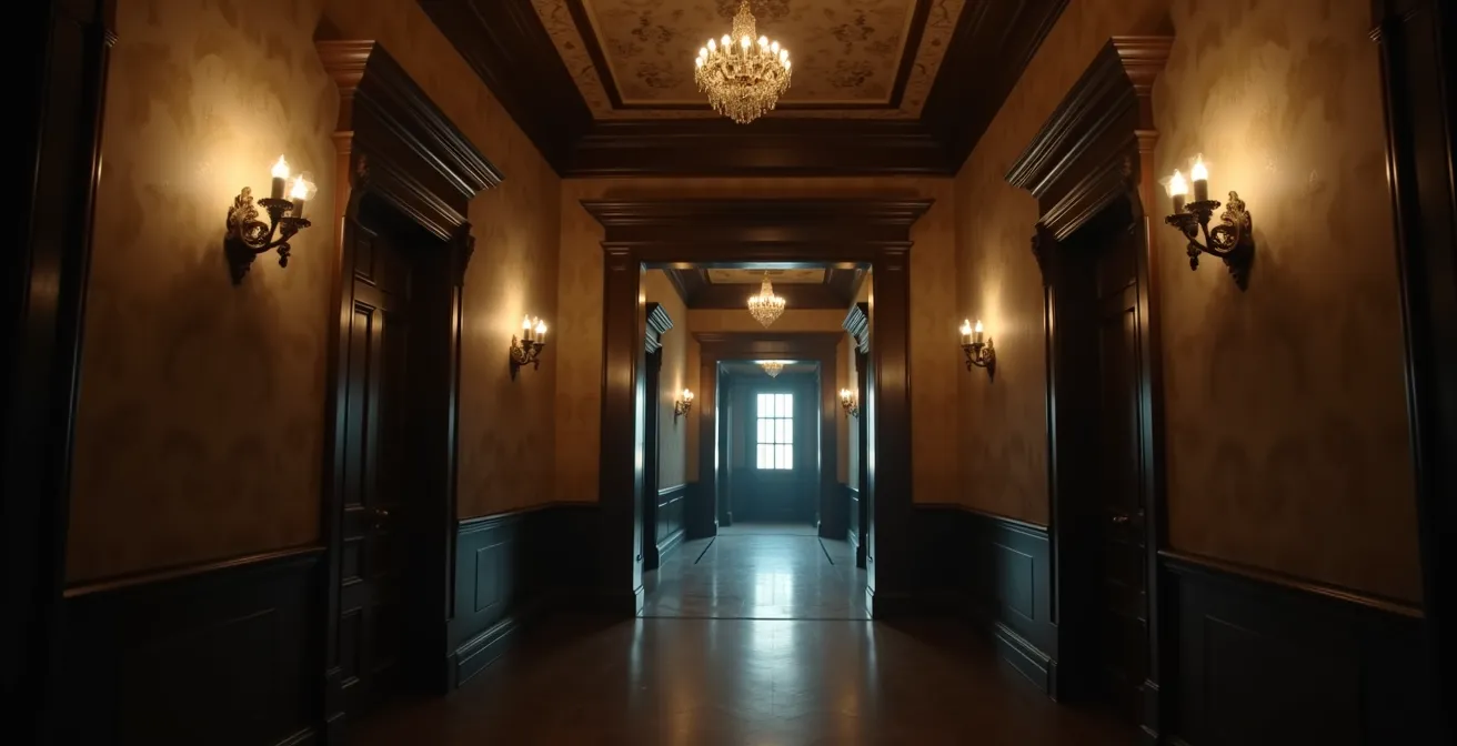 Vue atmosphérique d'un couloir de manoir pour escape game avec jeux d'ombres