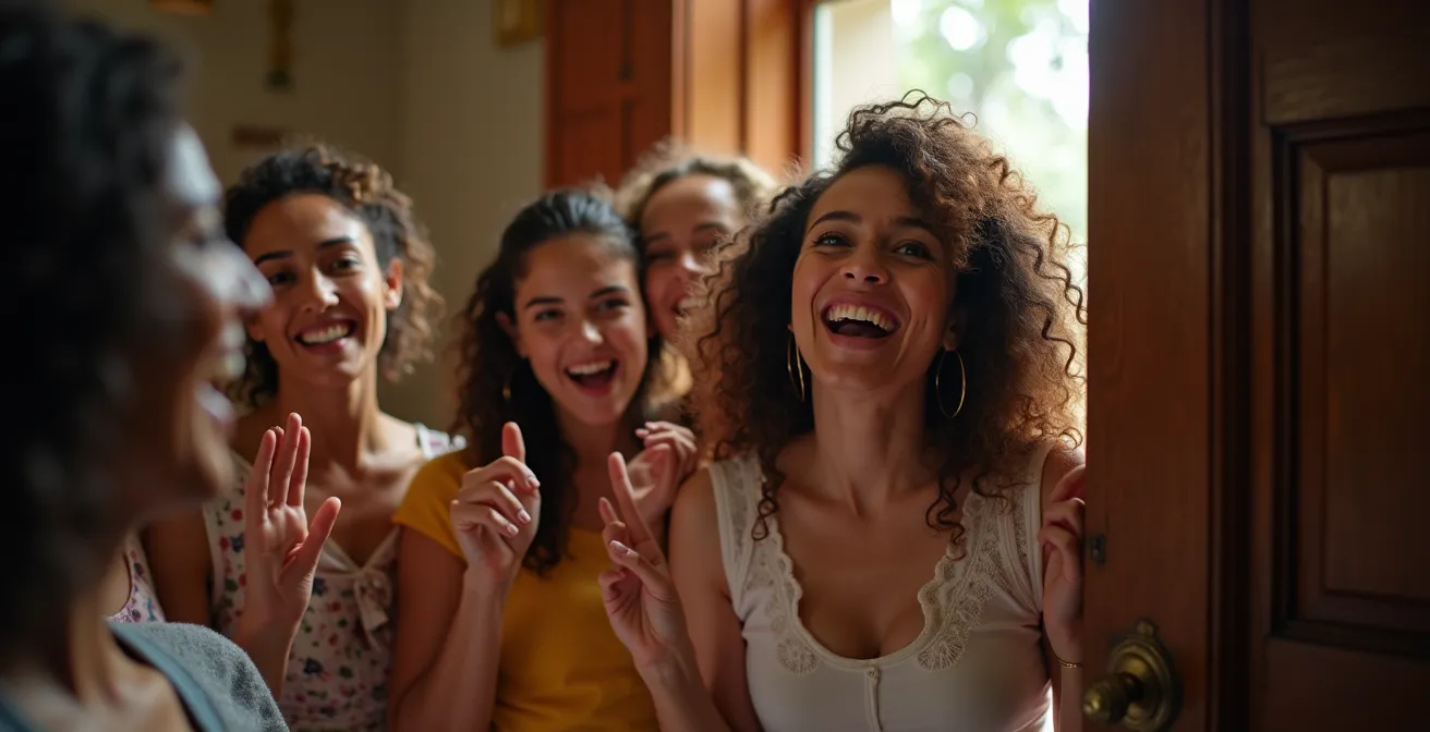 Groupe de femmes euphoriques à la sortie d'un escape game, célébrant leur victoire