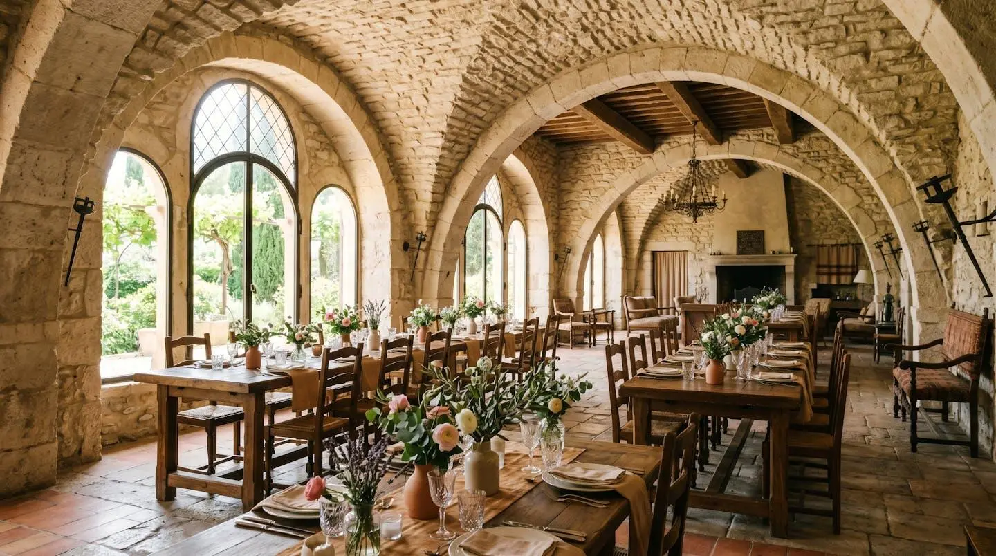 Salle de réception intérieure d'un mas provençal avec voûtes en pierre et lumière naturelle tamisée pour une cérémonie de mariage