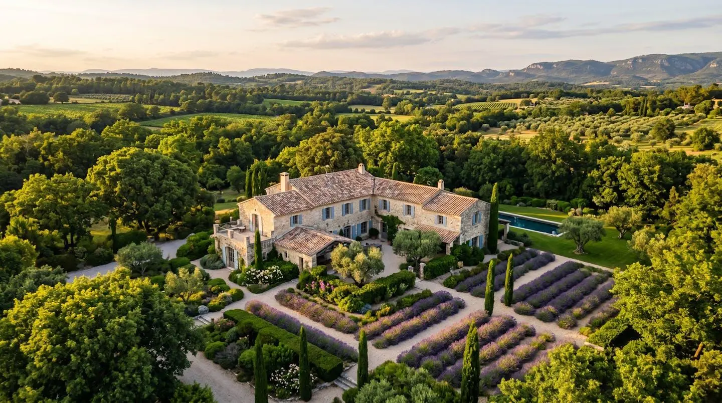 Vue extérieure d'un mas provençal en pierre avec jardin arboré et allée fleurie pour un mariage civil d'exception