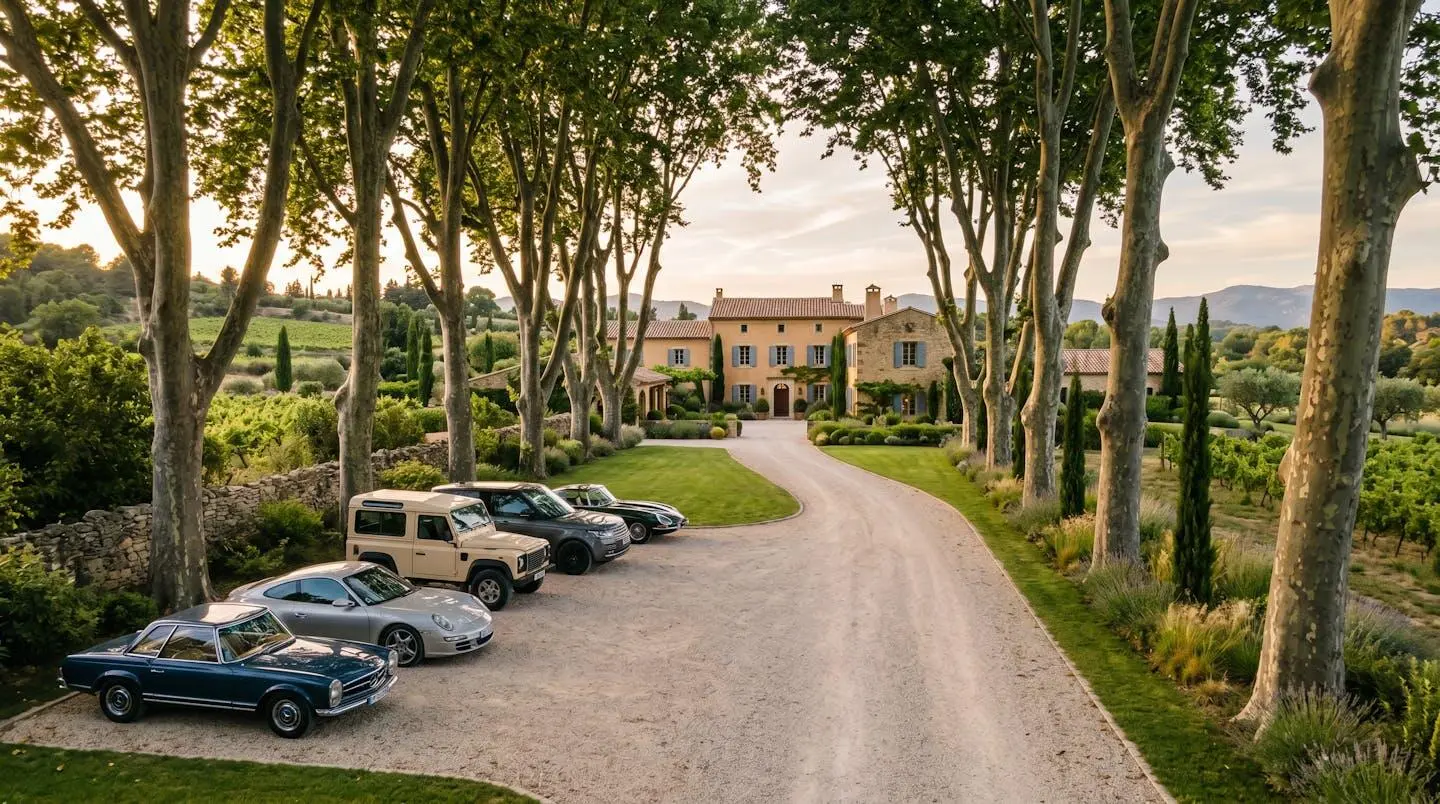 Entrée et parking sécurisé d'un domaine de mariage en Provence avec voitures garées et allée d'arbres