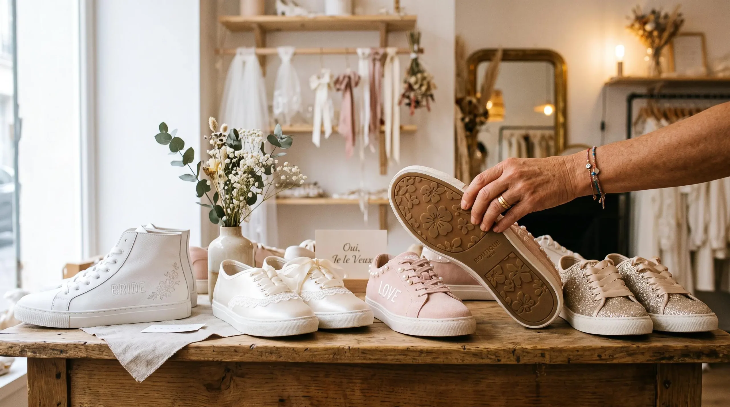 Plusieurs paires de baskets élégantes posées sur une table en bois.