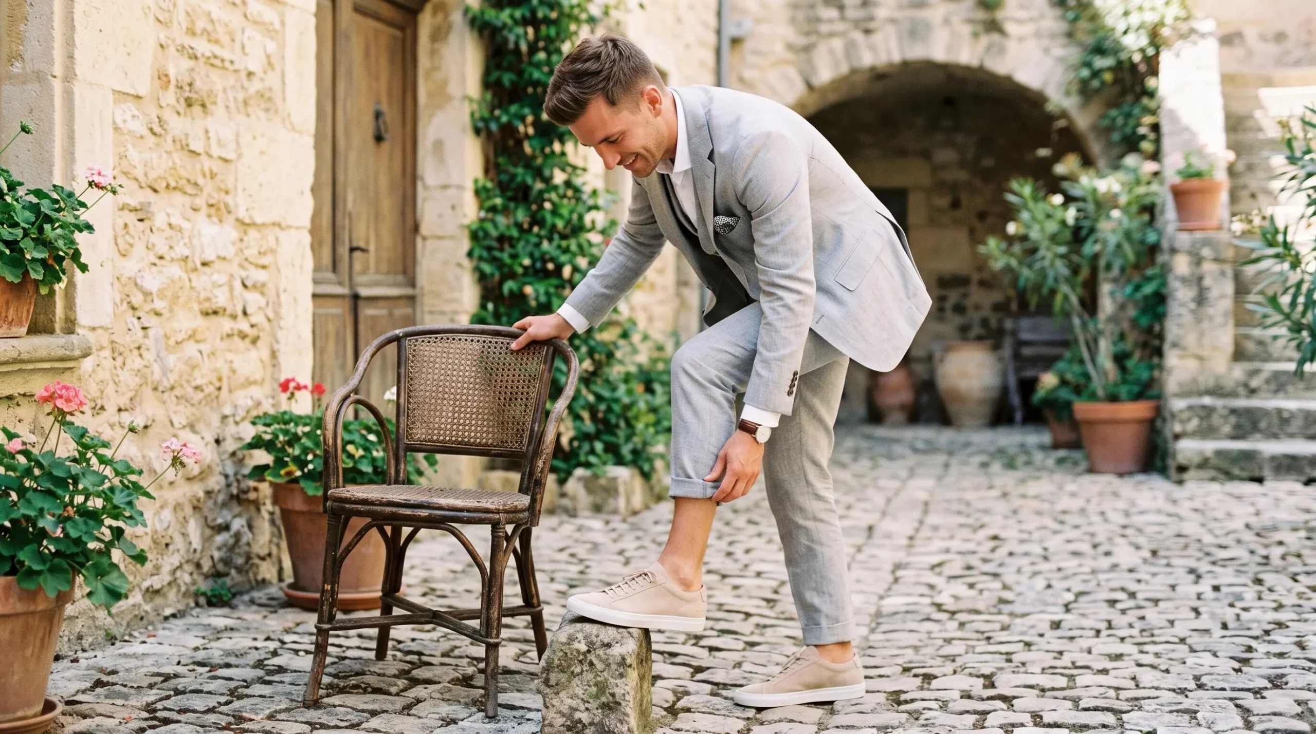 Un marié en costume gris ajuste son pantalon au-dessus de baskets beiges.