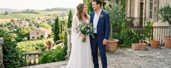 Une mariée et un marié portent des baskets blanches avec leurs tenues de cérémonie.