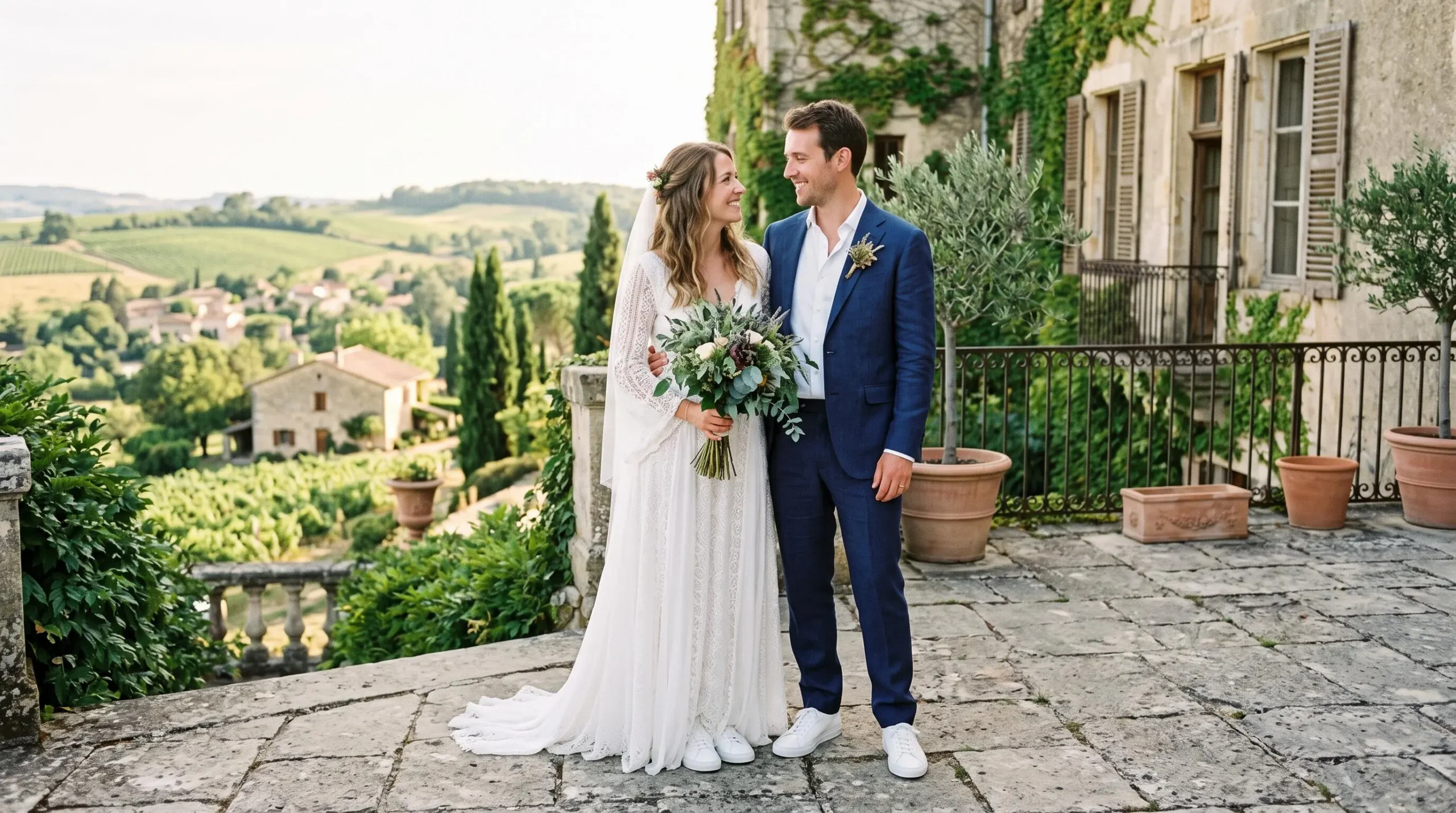 Une mariée et un marié portent des baskets blanches avec leurs tenues de cérémonie.