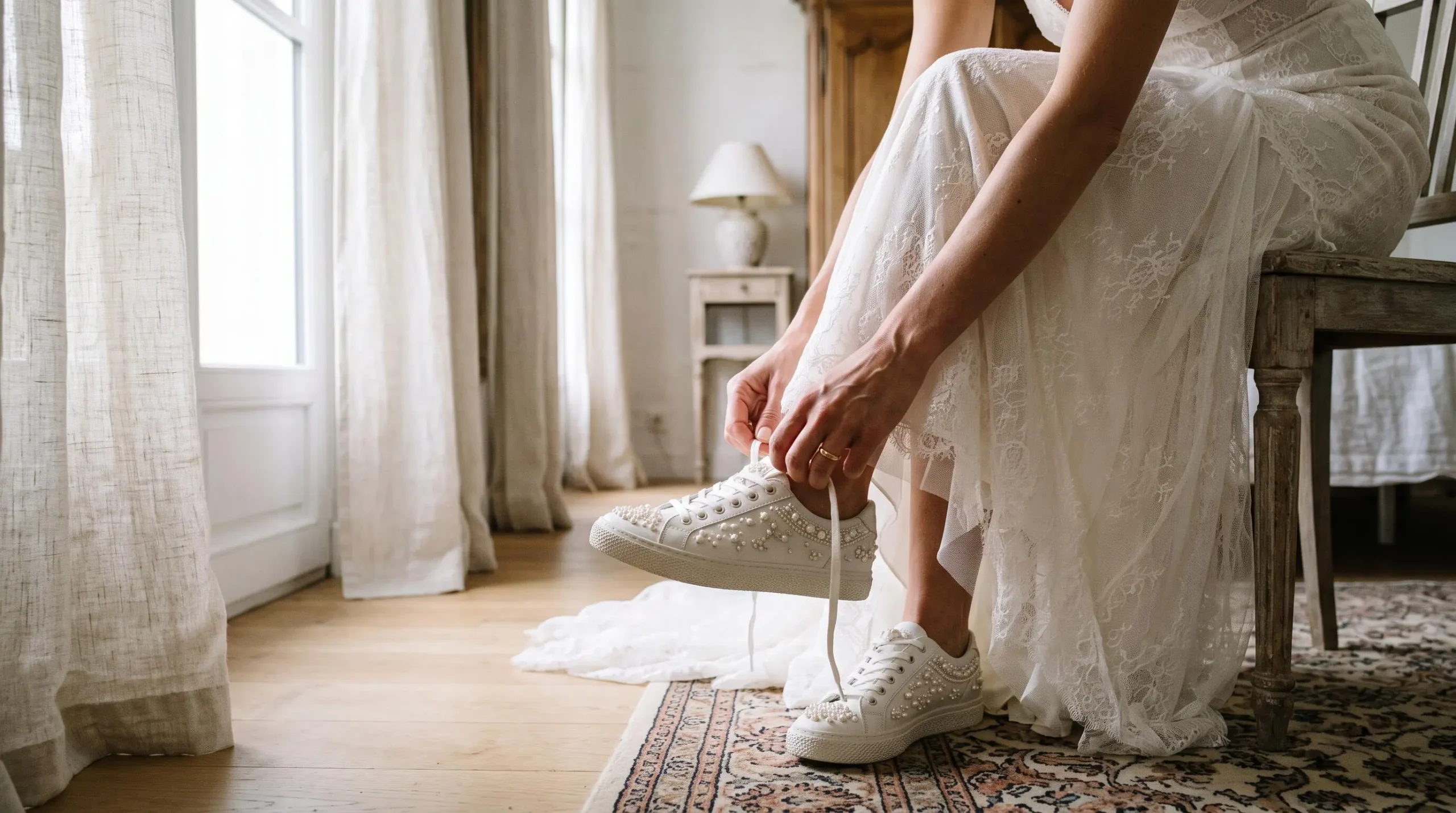Une mariée attache les lacets d'une basket blanche ornée de perles.